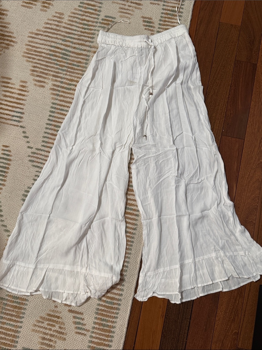 Angie White Wide-Leg Gauze Trousers with Drawstring Waist